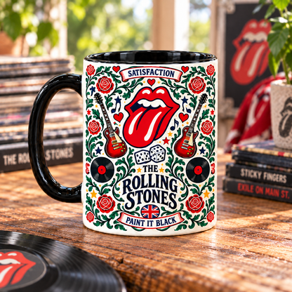 The Rolling Stones Nordic Folk Mug, Sticky Fingers & Satisfaction Rock Coffee Cup, Floral Tongue Logo Vintage Music Gift
