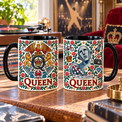 Queen Nordic Folk Mug, We Are the Champions Rock Coffee Cup, Bohemian Rhapsody Inspired Floral Music Gift