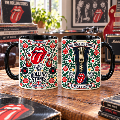 The Rolling Stones Nordic Folk Mug, Sticky Fingers & Satisfaction Rock Coffee Cup, Floral Tongue Logo Vintage Music Gift
