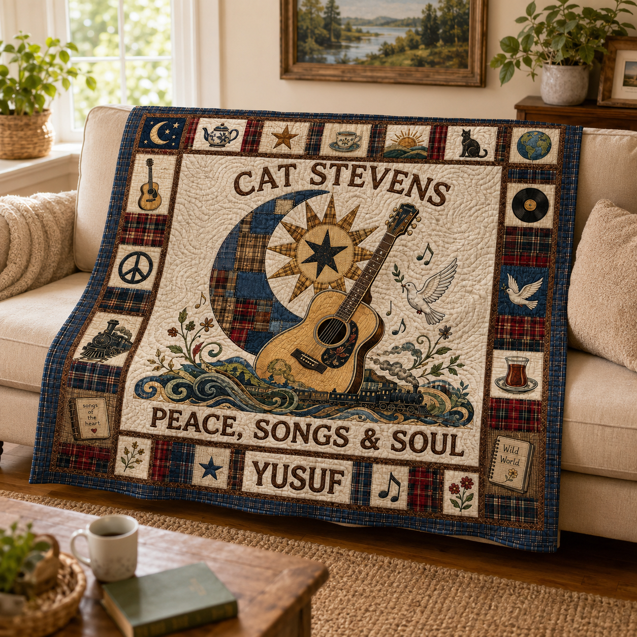 Cat Stevens Quilt Blanket – Iconic Guitar Symbol Inspired High Quality Quilt Blanket