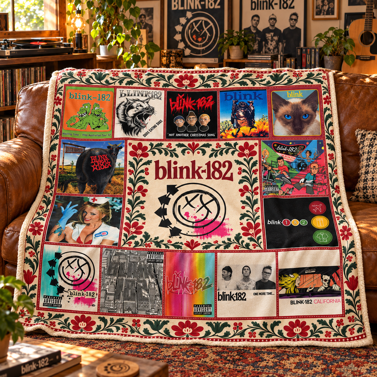 Blink-182 Album Covers Sherpa Blanket - Soft Cozy Fleece Throw Blanket - Enema of the State & Smiley Logo Pop Punk Fan Gift