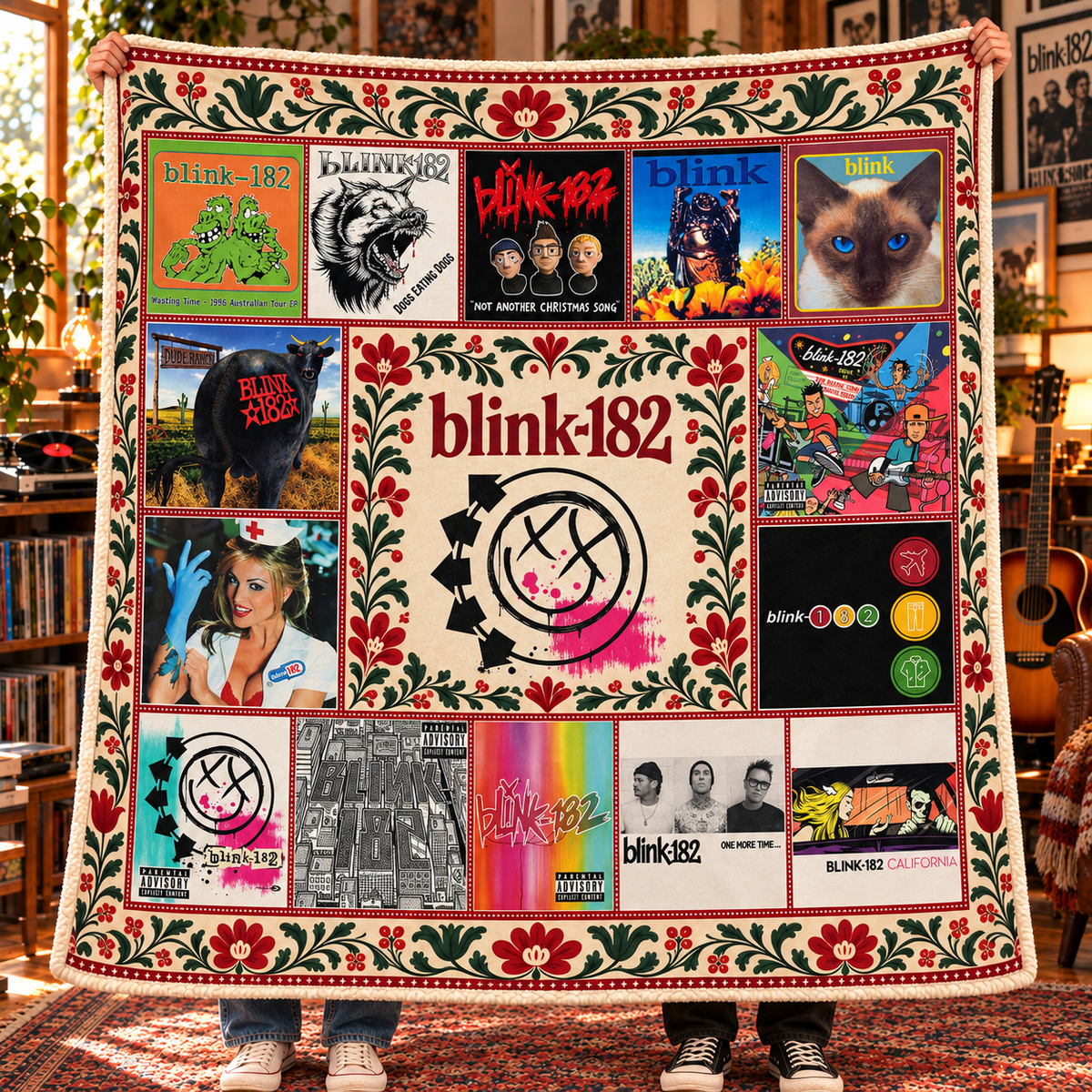 Blink-182 Album Covers Sherpa Blanket - Soft Cozy Fleece Throw Blanket - Enema of the State & Smiley Logo Pop Punk Fan Gift