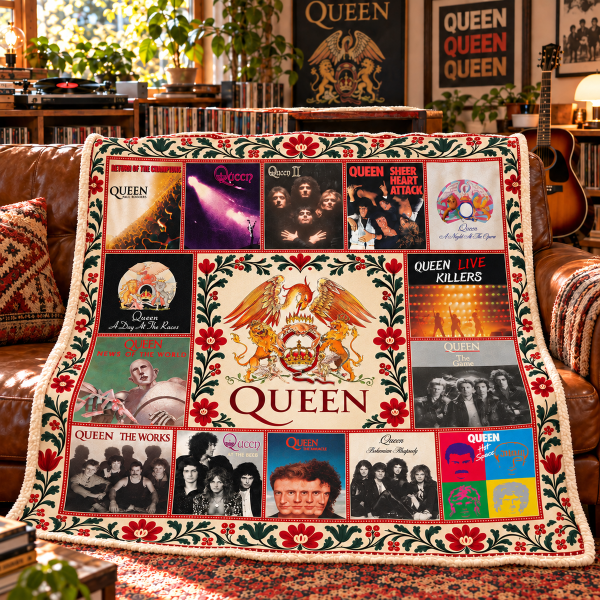 Queen Band Sherpa Blanket - Soft Cozy Fleece Throw - Classic Rock Album Covers Collage & Crest Logo Music Fan Gift Idea