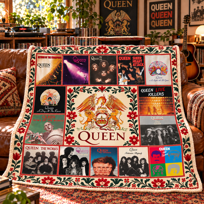 Queen Band Sherpa Blanket - Soft Cozy Fleece Throw - Classic Rock Album Covers Collage & Crest Logo Music Fan Gift Idea
