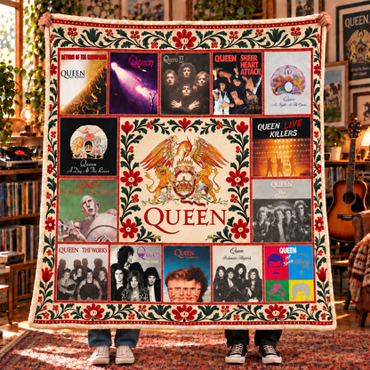 Queen Band Sherpa Blanket - Soft Cozy Fleece Throw - Classic Rock Album Covers Collage & Crest Logo Music Fan Gift Idea