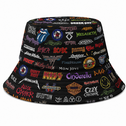 Rock Legends All-Over Print Bucket Hat – Classic Rock Band Logo Collage Festival Hat