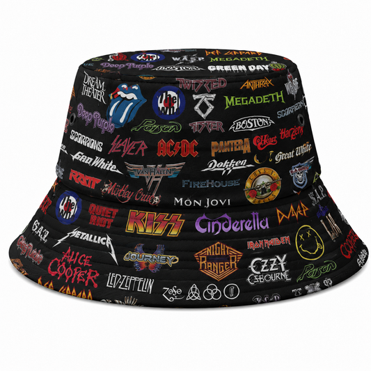 Rock Legends All-Over Print Bucket Hat – Classic Rock Band Logo Collage Festival Hat