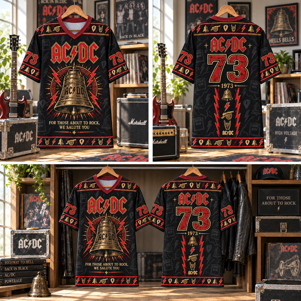 AC/DC Football Jersey – For Those About to Rock Hells Bell Shirt, 1973 Vintage Rock Jersey, Black Red Classic Rock Fan Gift
