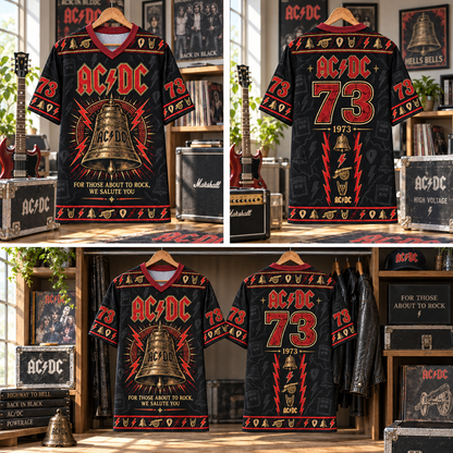 AC/DC Football Jersey – For Those About to Rock Hells Bell Shirt, 1973 Vintage Rock Jersey, Black Red Classic Rock Fan Gift