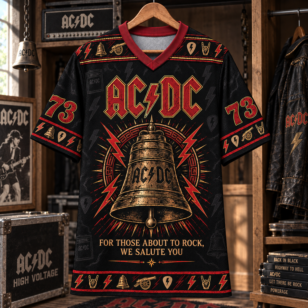 AC/DC Football Jersey – For Those About to Rock Hells Bell Shirt, 1973 Vintage Rock Jersey, Black Red Classic Rock Fan Gift