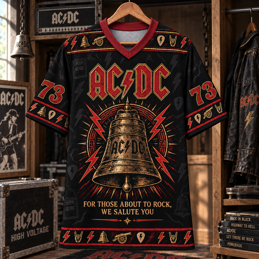 AC/DC Football Jersey – For Those About to Rock Hells Bell Shirt, 1973 Vintage Rock Jersey, Black Red Classic Rock Fan Gift