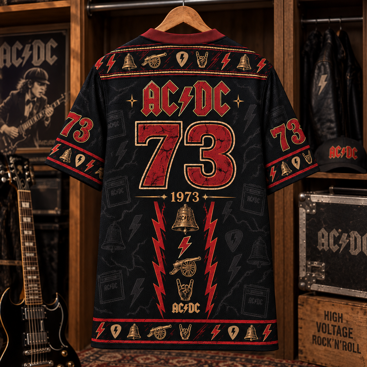AC/DC Football Jersey – For Those About to Rock Hells Bell Shirt, 1973 Vintage Rock Jersey, Black Red Classic Rock Fan Gift