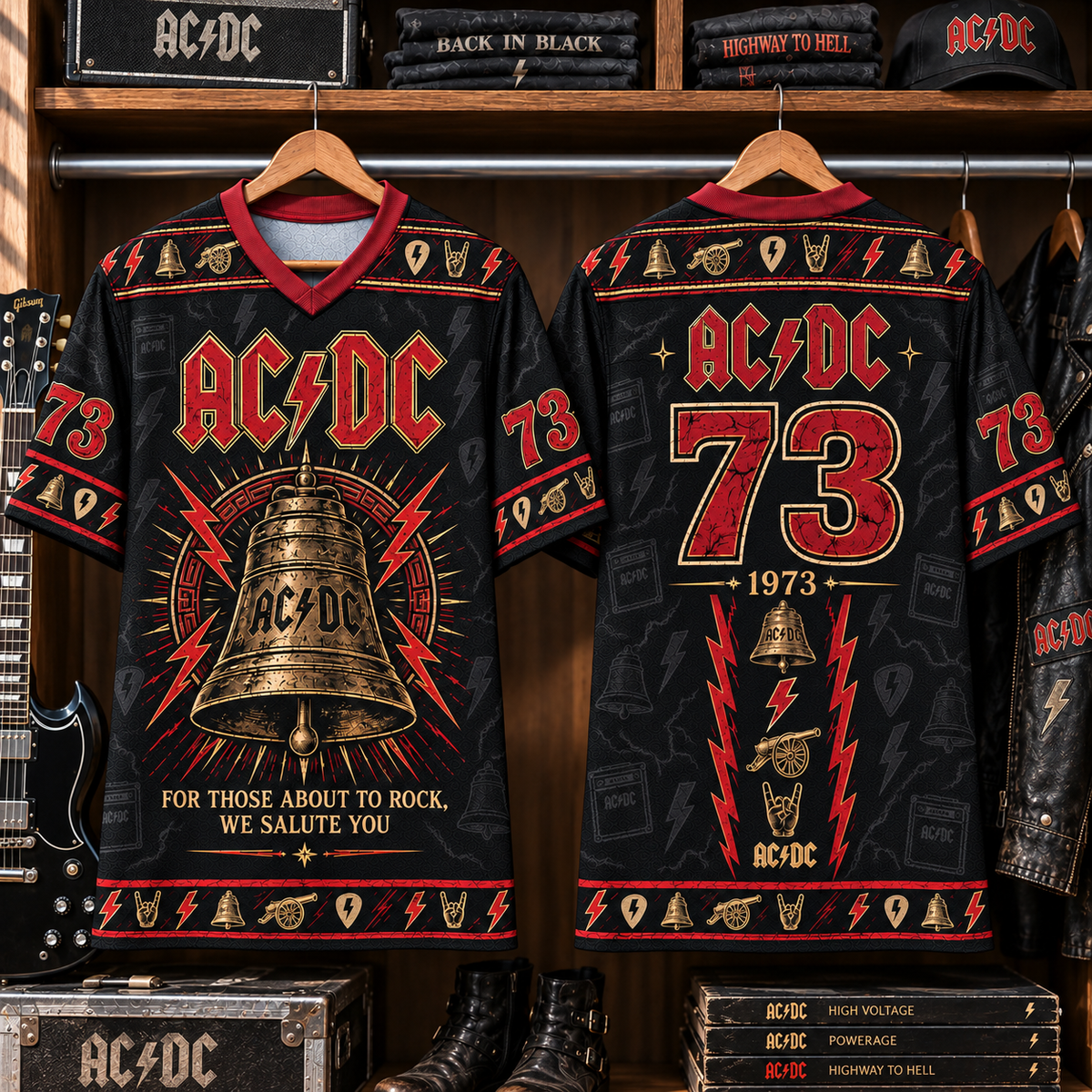 AC/DC Football Jersey – For Those About to Rock Hells Bell Shirt, 1973 Vintage Rock Jersey, Black Red Classic Rock Fan Gift