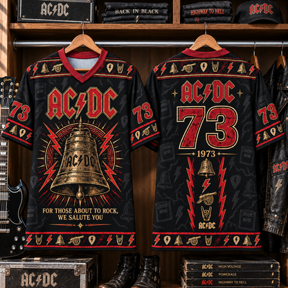 AC/DC Football Jersey – For Those About to Rock Hells Bell Shirt, 1973 Vintage Rock Jersey, Black Red Classic Rock Fan Gift