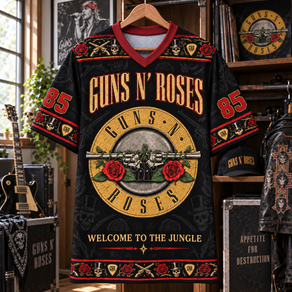 Guns N’ Roses Football Jersey – Welcome to the Jungle Rose & Revolver Rock Shirt, 1985 Black Red Vintage Band Jersey, GNR Fan Gift