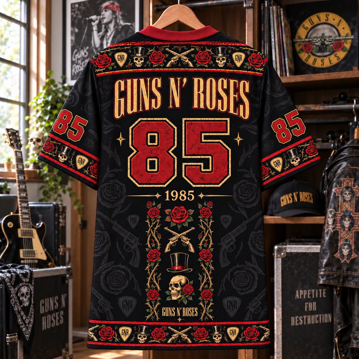 Guns N’ Roses Football Jersey – Welcome to the Jungle Rose & Revolver Rock Shirt, 1985 Black Red Vintage Band Jersey, GNR Fan Gift