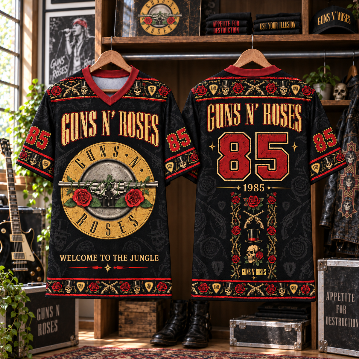 Guns N’ Roses Football Jersey – Welcome to the Jungle Rose & Revolver Rock Shirt, 1985 Black Red Vintage Band Jersey, GNR Fan Gift