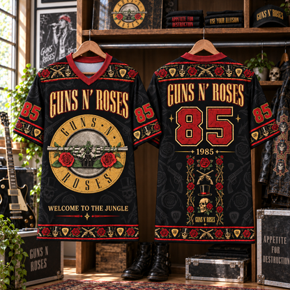 Guns N’ Roses Football Jersey – Welcome to the Jungle Rose & Revolver Rock Shirt, 1985 Black Red Vintage Band Jersey, GNR Fan Gift