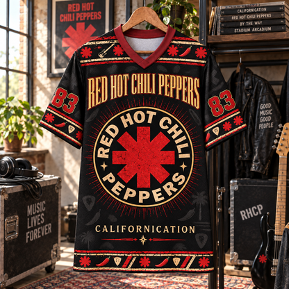 Red Hot Chili Peppers Football Jersey – Californication RHCP Asterisk Rock Shirt, 1983 Black Red Vintage Band Jersey, Chili Peppers Fan Gift