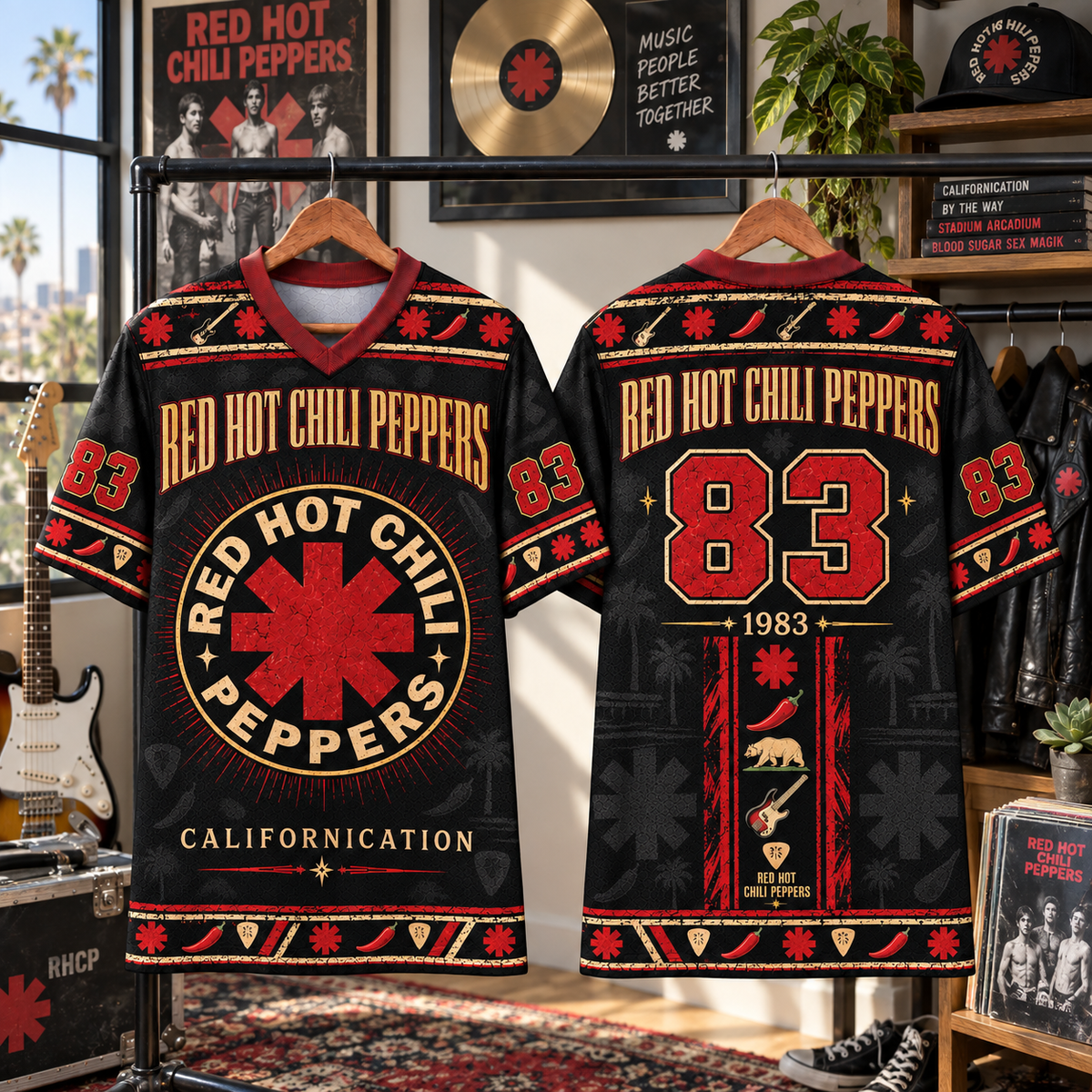 Red Hot Chili Peppers Football Jersey – Californication RHCP Asterisk Rock Shirt, 1983 Black Red Vintage Band Jersey, Chili Peppers Fan Gift