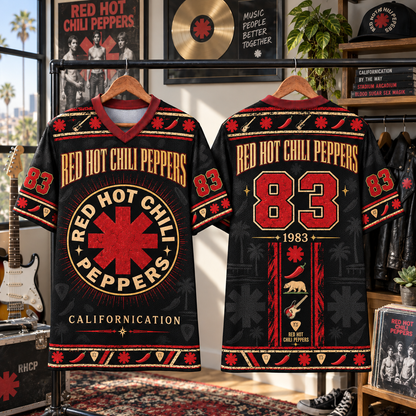 Red Hot Chili Peppers Football Jersey – Californication RHCP Asterisk Rock Shirt, 1983 Black Red Vintage Band Jersey, Chili Peppers Fan Gift