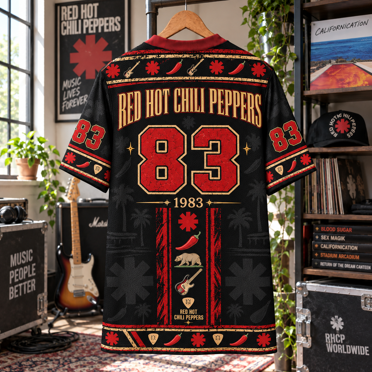 Red Hot Chili Peppers Football Jersey – Californication RHCP Asterisk Rock Shirt, 1983 Black Red Vintage Band Jersey, Chili Peppers Fan Gift