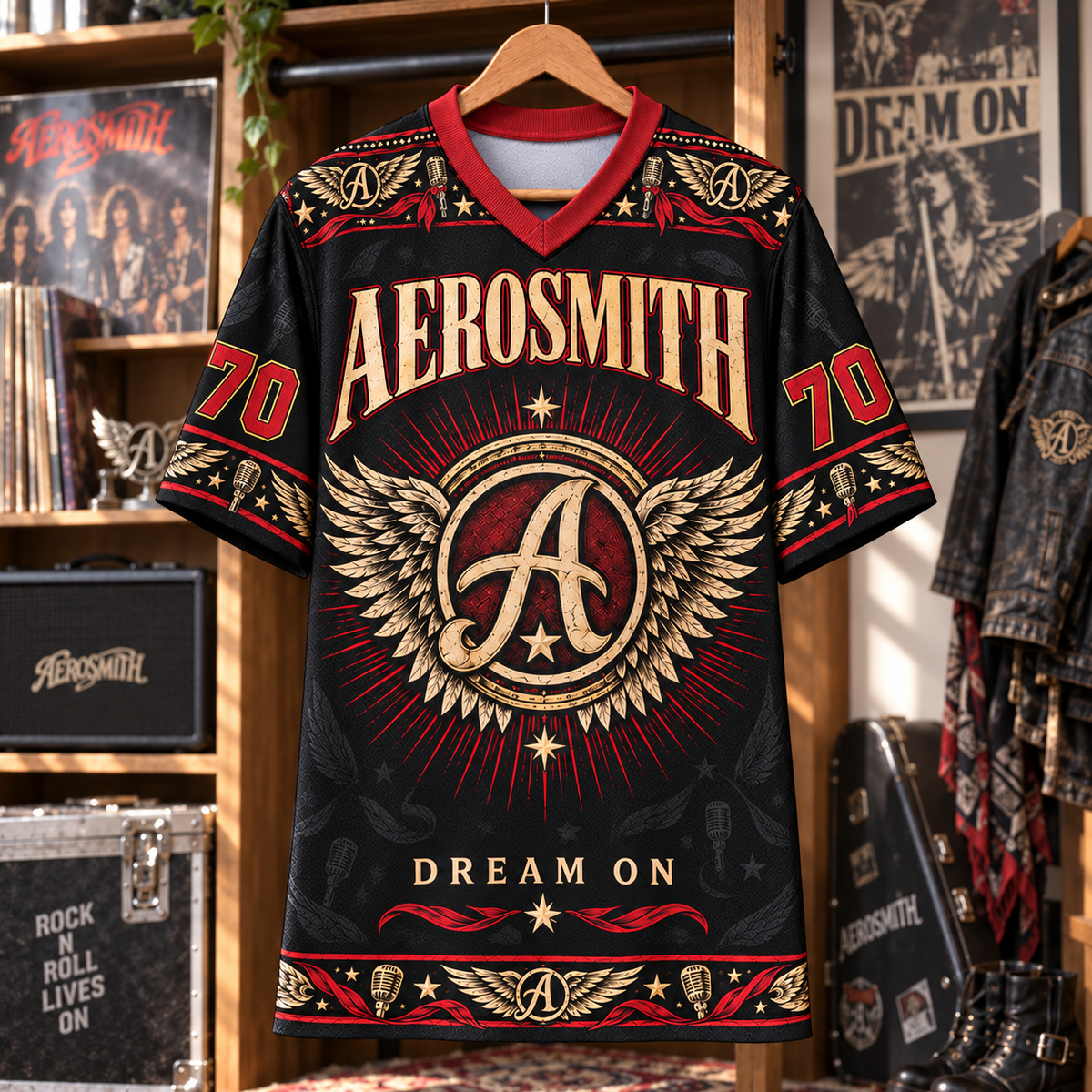 Aerosmith Football Jersey – Dream On Winged Logo Rock Shirt, 1970 Vintage Black Red Music Jersey, Classic Rock Fan Gift