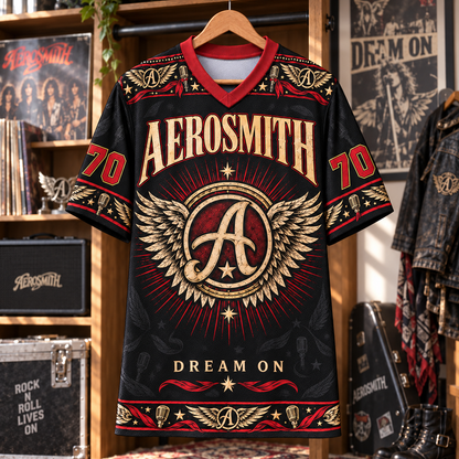 Aerosmith Football Jersey – Dream On Winged Logo Rock Shirt, 1970 Vintage Black Red Music Jersey, Classic Rock Fan Gift