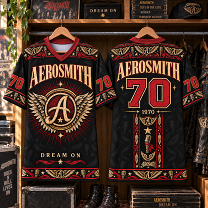 Aerosmith Football Jersey – Dream On Winged Logo Rock Shirt, 1970 Vintage Black Red Music Jersey, Classic Rock Fan Gift
