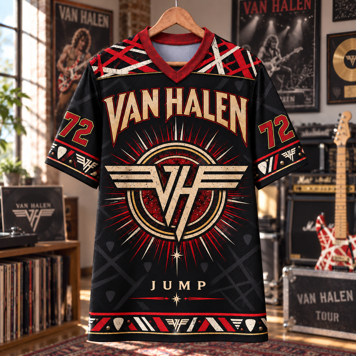 Van Halen Football Jersey – Jump Winged VH Logo Rock Shirt, 1972 Black Red Vintage Music Jersey, Classic Rock Fan Gift