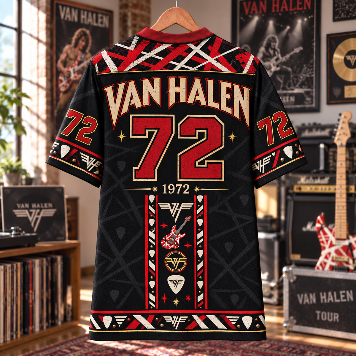 Van Halen Football Jersey – Jump Winged VH Logo Rock Shirt, 1972 Black Red Vintage Music Jersey, Classic Rock Fan Gift