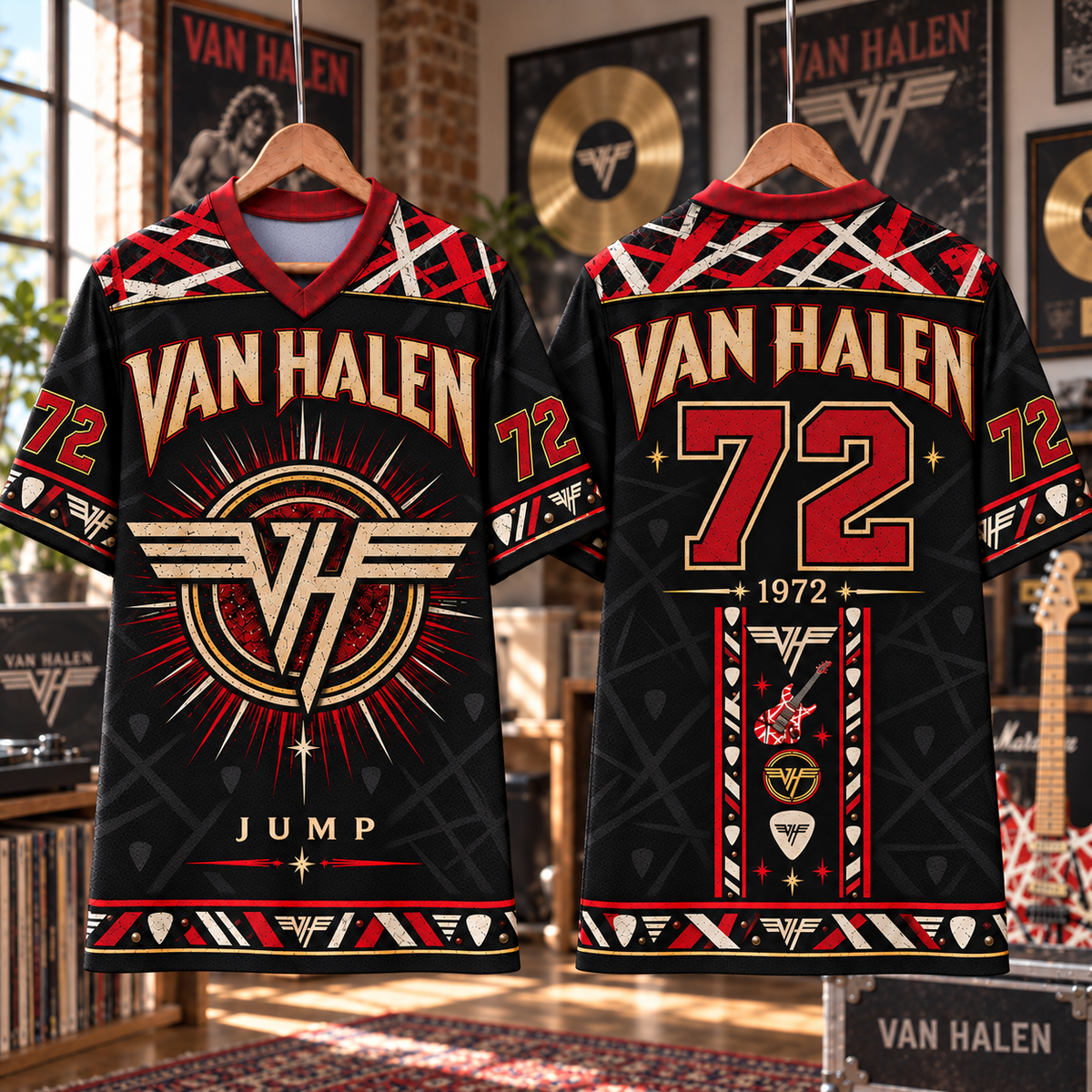 Van Halen Football Jersey – Jump Winged VH Logo Rock Shirt, 1972 Black Red Vintage Music Jersey, Classic Rock Fan Gift