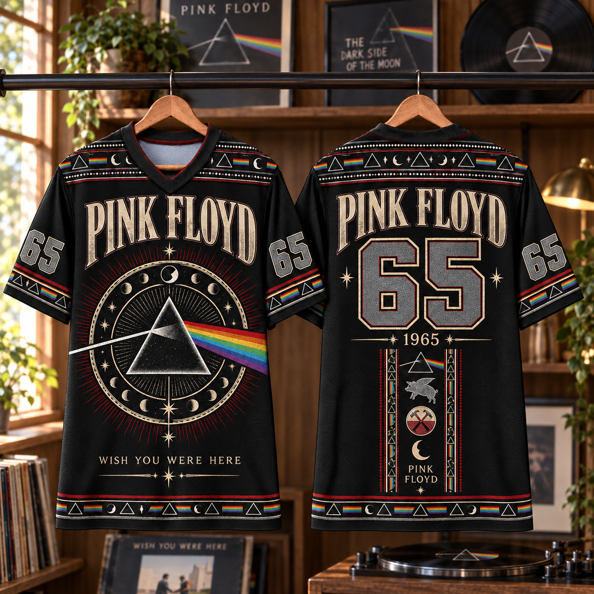 Pink Floyd Football Jersey – Dark Side of the Moon Prism & Wish You Were Here Rock Shirt, 1965 Black Vintage Music Jersey, Fan Gift