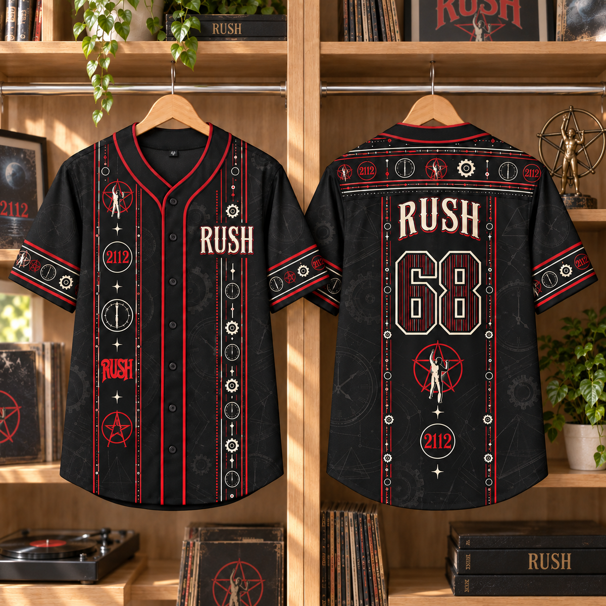 Rush Baseball Jersey – 2112 Starman & Clockwork Rock Shirt, 1968 Black Red Button-Up Music Jersey, Progressive Rock Fan Gift
