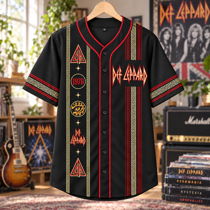 Def Leppard Baseball Jersey – 1976 Pyromania & Hysteria Rock Shirt, Black Red Vintage Button-Up Music Jersey, Classic Rock Fan Gift