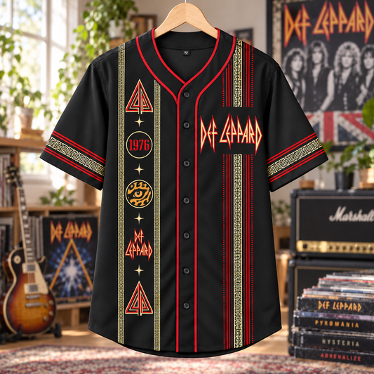 Def Leppard Baseball Jersey – 1976 Pyromania & Hysteria Rock Shirt, Black Red Vintage Button-Up Music Jersey, Classic Rock Fan Gift