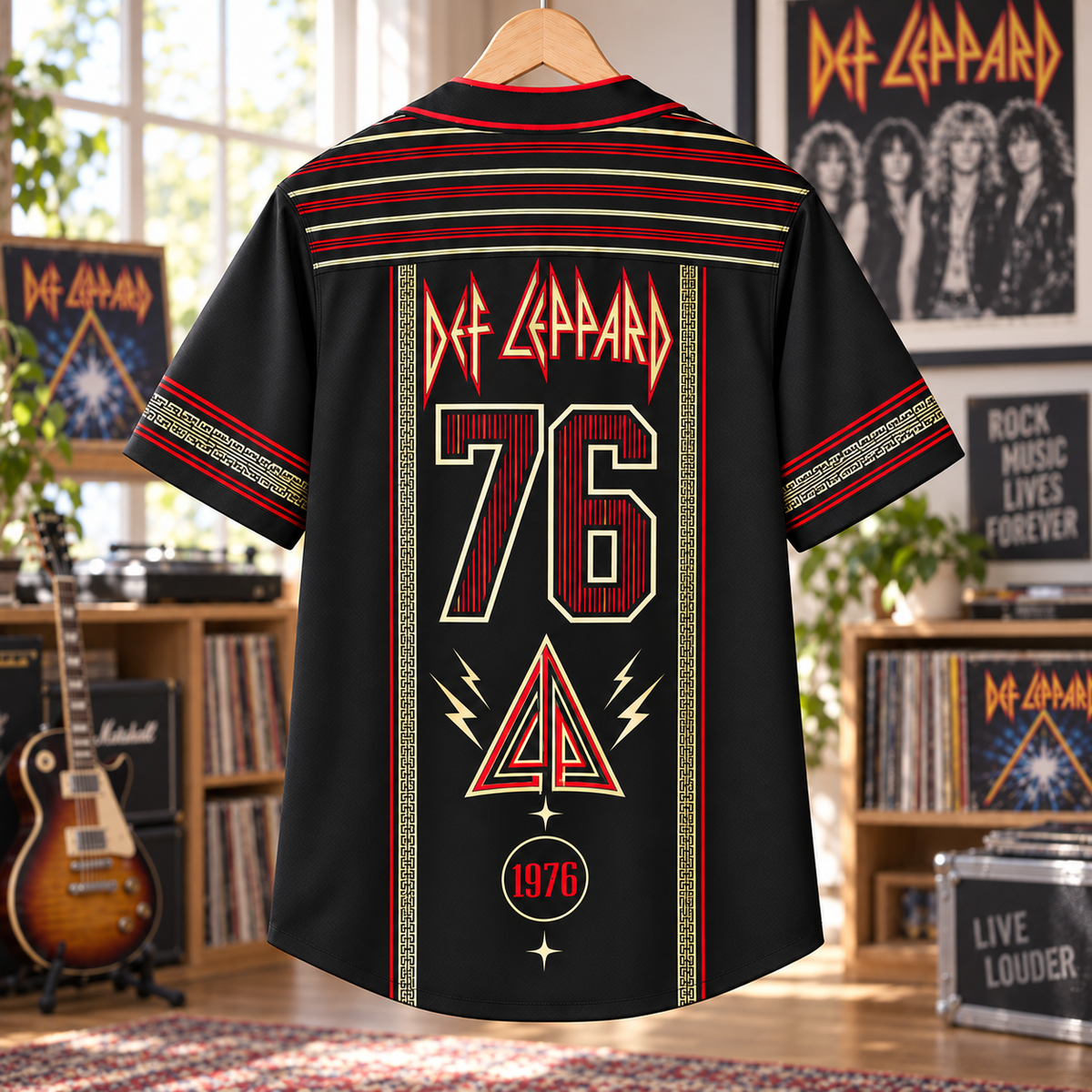 Def Leppard Baseball Jersey – 1976 Pyromania & Hysteria Rock Shirt, Black Red Vintage Button-Up Music Jersey, Classic Rock Fan Gift