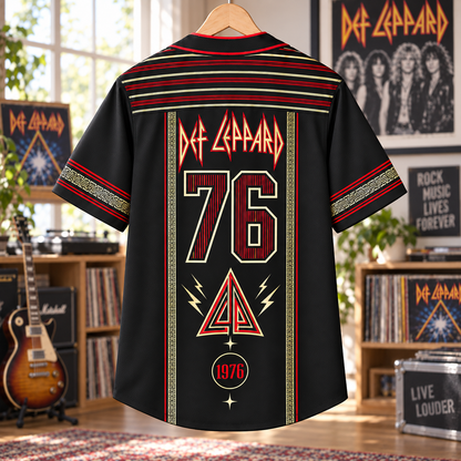 Def Leppard Baseball Jersey – 1976 Pyromania & Hysteria Rock Shirt, Black Red Vintage Button-Up Music Jersey, Classic Rock Fan Gift