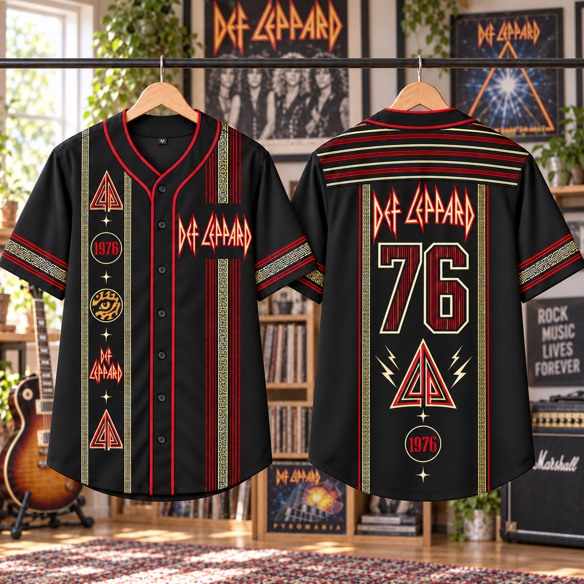 Def Leppard Baseball Jersey – 1976 Pyromania & Hysteria Rock Shirt, Black Red Vintage Button-Up Music Jersey, Classic Rock Fan Gift