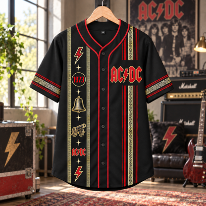 AC/DC Baseball Jersey – 1973 Hells Bells Rock Band Shirt, Black Red Vintage Button-Up Music Jersey, Classic Rock Fan Gift