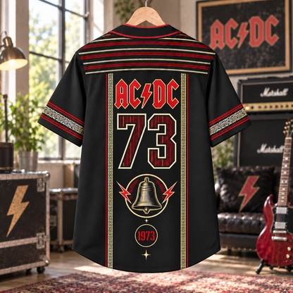 AC/DC Baseball Jersey – 1973 Hells Bells Rock Band Shirt, Black Red Vintage Button-Up Music Jersey, Classic Rock Fan Gift