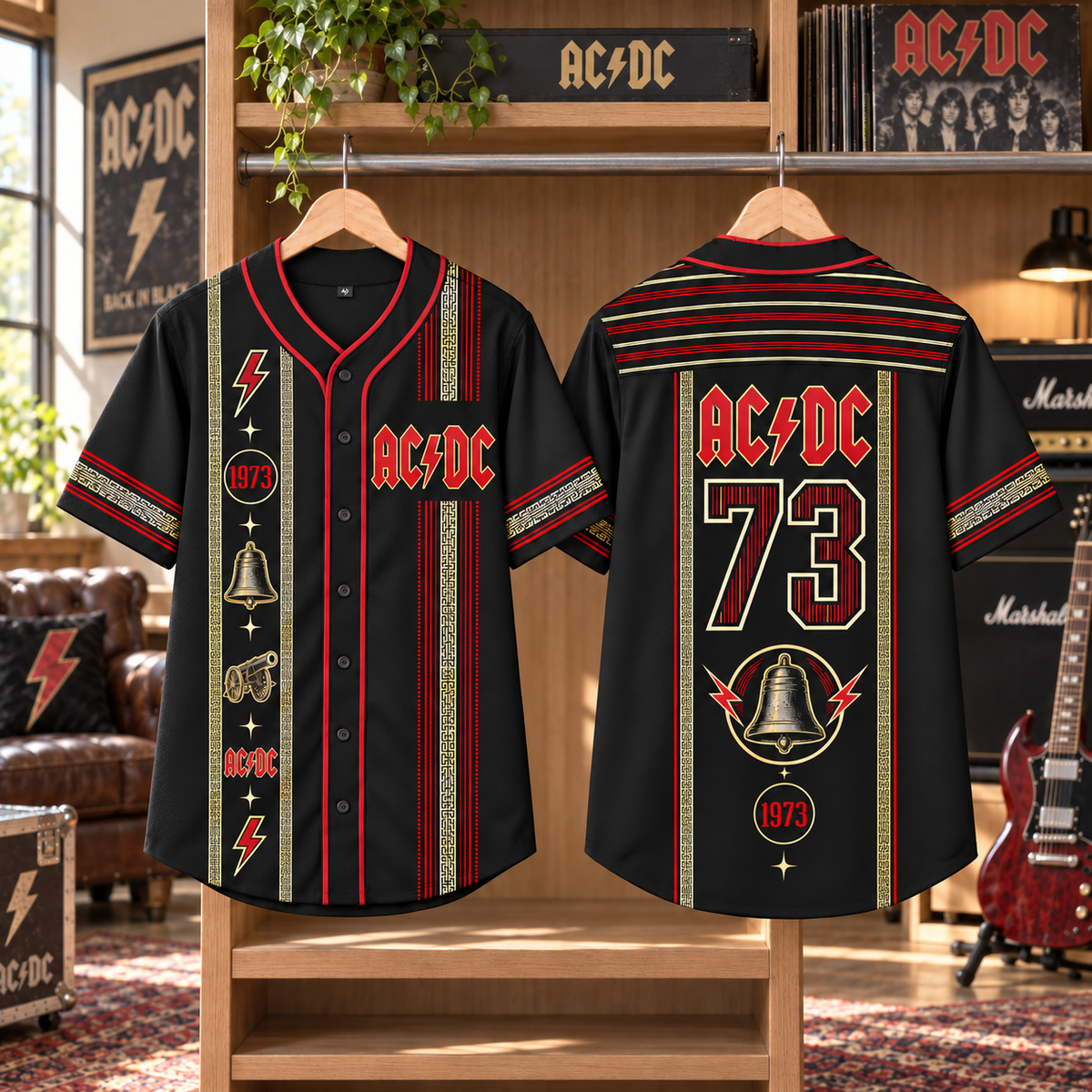 AC/DC Baseball Jersey – 1973 Hells Bells Rock Band Shirt, Black Red Vintage Button-Up Music Jersey, Classic Rock Fan Gift