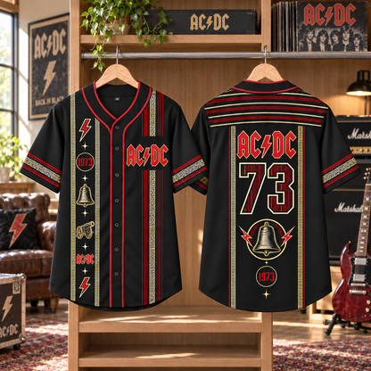 AC/DC Baseball Jersey – 1973 Hells Bells Rock Band Shirt, Black Red Vintage Button-Up Music Jersey, Classic Rock Fan Gift