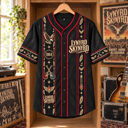Lynyrd Skynyrd Baseball Jersey – 1964 Southern Rock Eagle & Crossed Guitars Shirt, Black Red Vintage Button-Up Band Jersey, Fan Gift