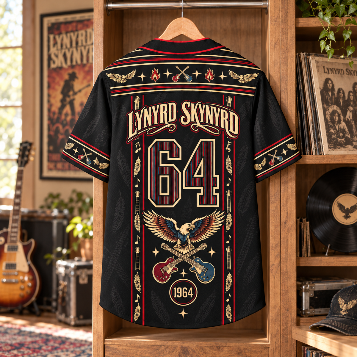 Lynyrd Skynyrd Baseball Jersey – 1964 Southern Rock Eagle & Crossed Guitars Shirt, Black Red Vintage Button-Up Band Jersey, Fan Gift