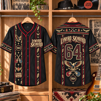 Lynyrd Skynyrd Baseball Jersey – 1964 Southern Rock Eagle & Crossed Guitars Shirt, Black Red Vintage Button-Up Band Jersey, Fan Gift