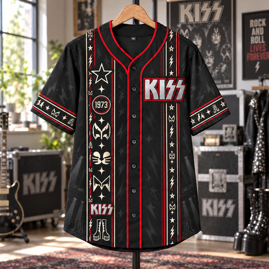 KISS Baseball Jersey – 1973 Demon Catman Starchild Spaceman Rock Shirt, Black Red Vintage Button-Up Band Jersey, KISS Fan Gift