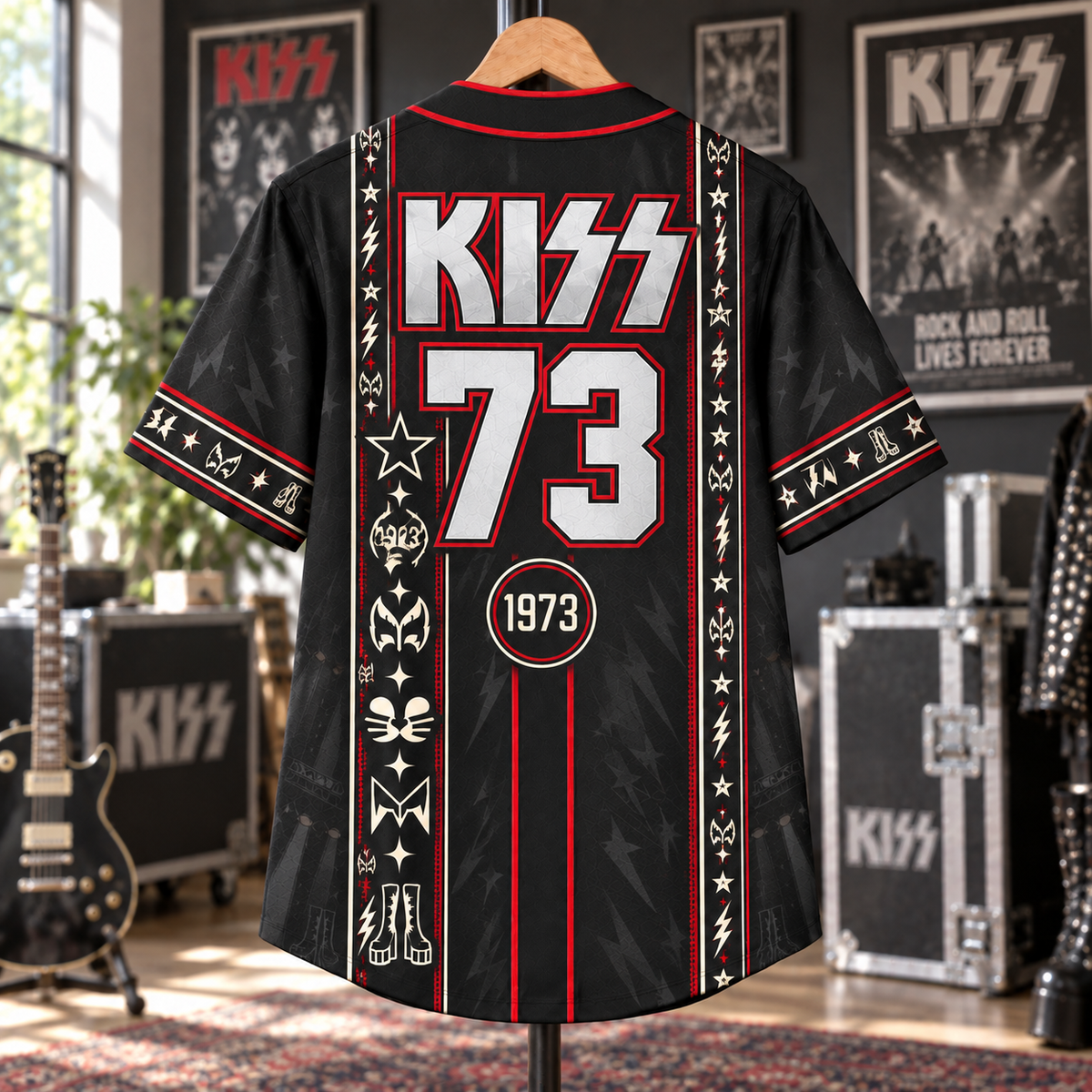 KISS Baseball Jersey – 1973 Demon Catman Starchild Spaceman Rock Shirt, Black Red Vintage Button-Up Band Jersey, KISS Fan Gift