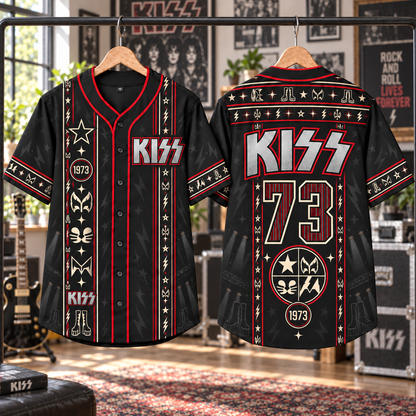 KISS Baseball Jersey – 1973 Demon Catman Starchild Spaceman Rock Shirt, Black Red Vintage Button-Up Band Jersey, KISS Fan Gift