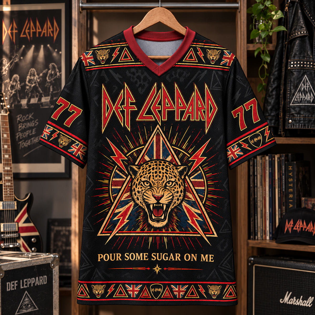 Def Leppard Football Jersey – Pour Some Sugar on Me Leopard Rock Shirt, 1977 Black Red Vintage Music Jersey, Classic Rock Fan Gift